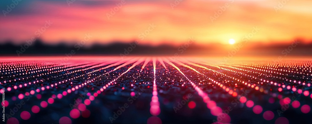 Poster dust pollution concept. vibrant sunset over a field with glowing dots, creating a stunning visual ef