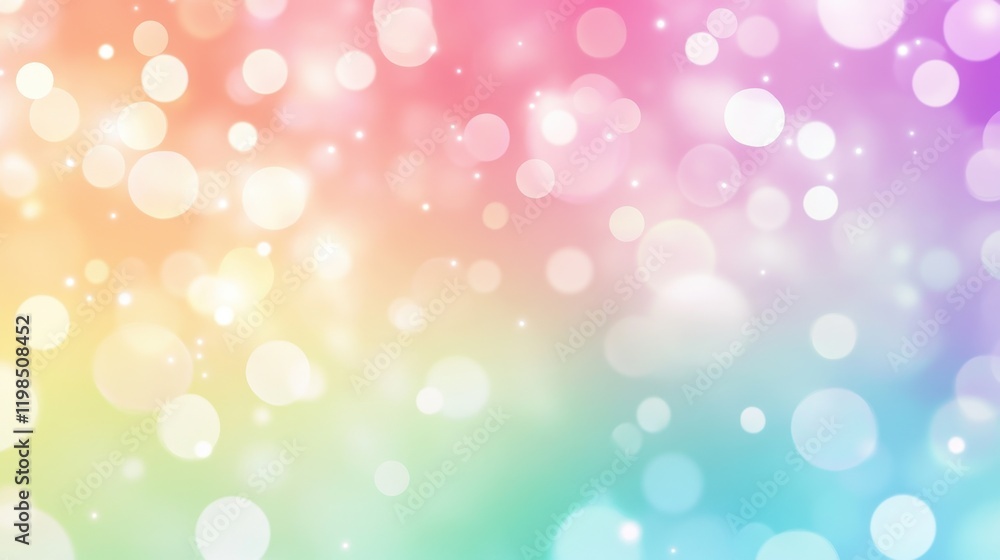 Poster ethereal rainbow bokeh lights background with soft gradient and glowing particles.