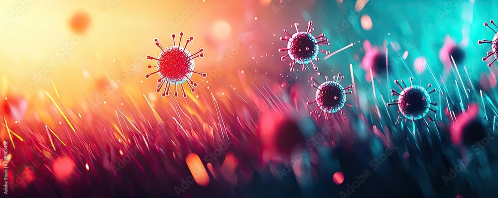 Poster Dust pollution concept. Vibrant abstract representation of viruses in a colorful environment.