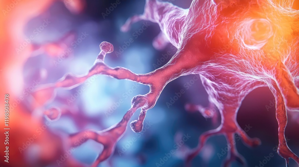 Poster Dust pollution idea. A close-up view of neuron cells showcasing intricate details and vibrant colors.