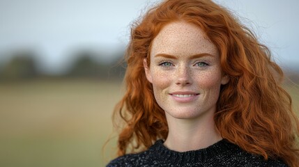 Close-up portrait of a beautiful woman with vibrant red hair and freckles, smiling gently. She is outdoors,  with soft, natural lighting.