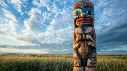 A cultural totem pole carved from wood, standing tall in a field