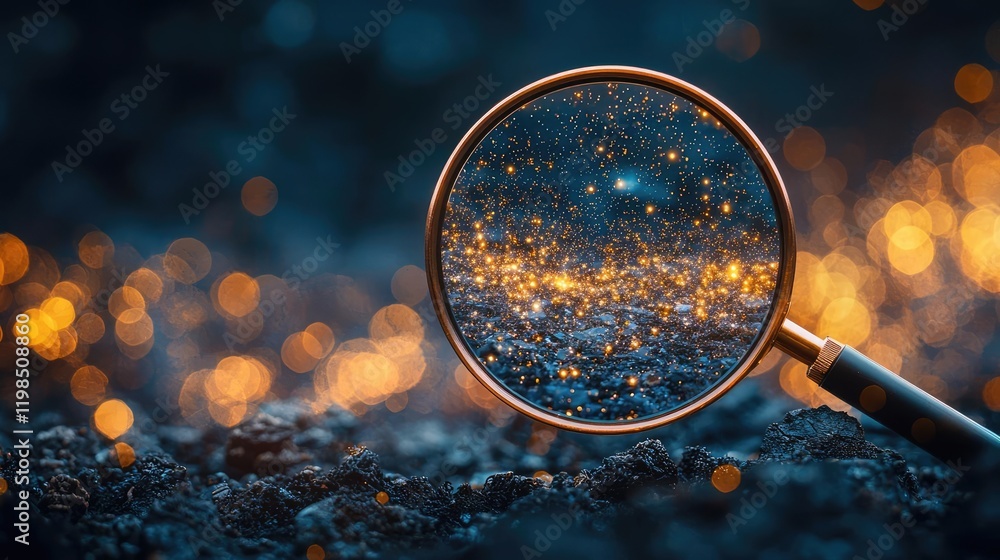 Aufkleber Dust pollution idea. A close-up view through a magnifying glass reveals sparkling particles on a surface.