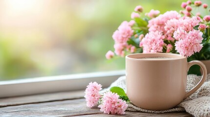 Morning coffee, pink flowers, window view, cozy home