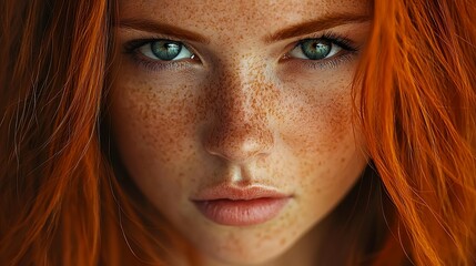 Close-up portrait of a young woman with vibrant red hair and numerous freckles. Her intense gaze captures attention.