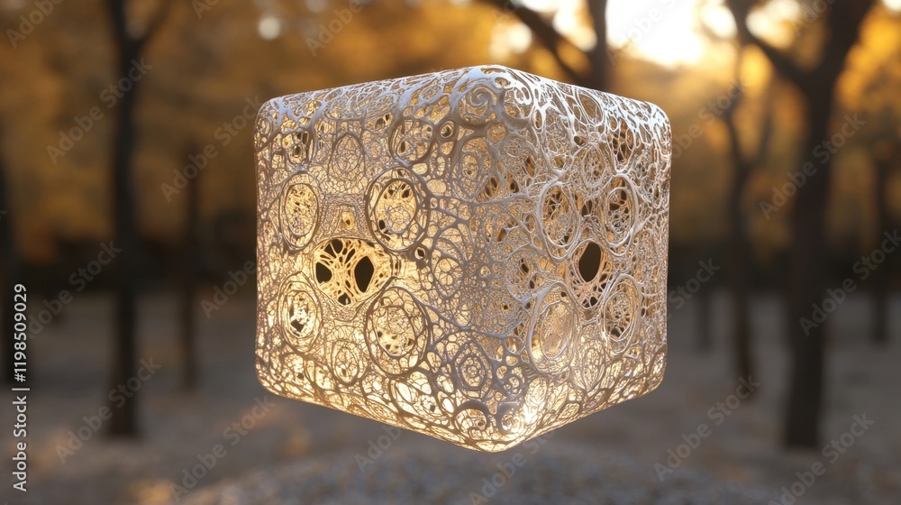 Poster abstract intricate 3d rendered cube with golden illumination and nature background.