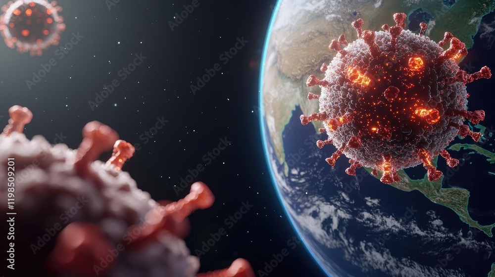 Poster dust pollution idea. close-up view of a virus surrounded by earth, showcasing the impact on health.