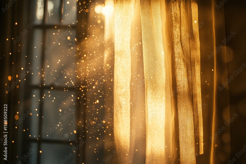 Poster golden light filtering through sheer curtains with sparkle effect.