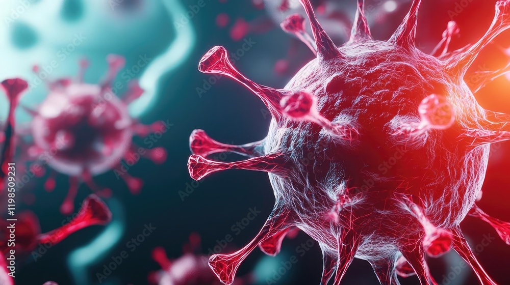 Poster Dust pollution idea. Close-up of a virus illustrating its complex structure and vibrant colors.