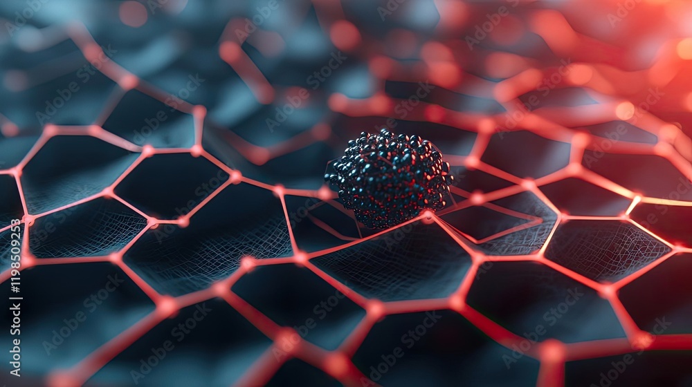 Poster Dust pollution idea. Close-up view of a textured surface with intricate hexagonal patterns and a central orb.