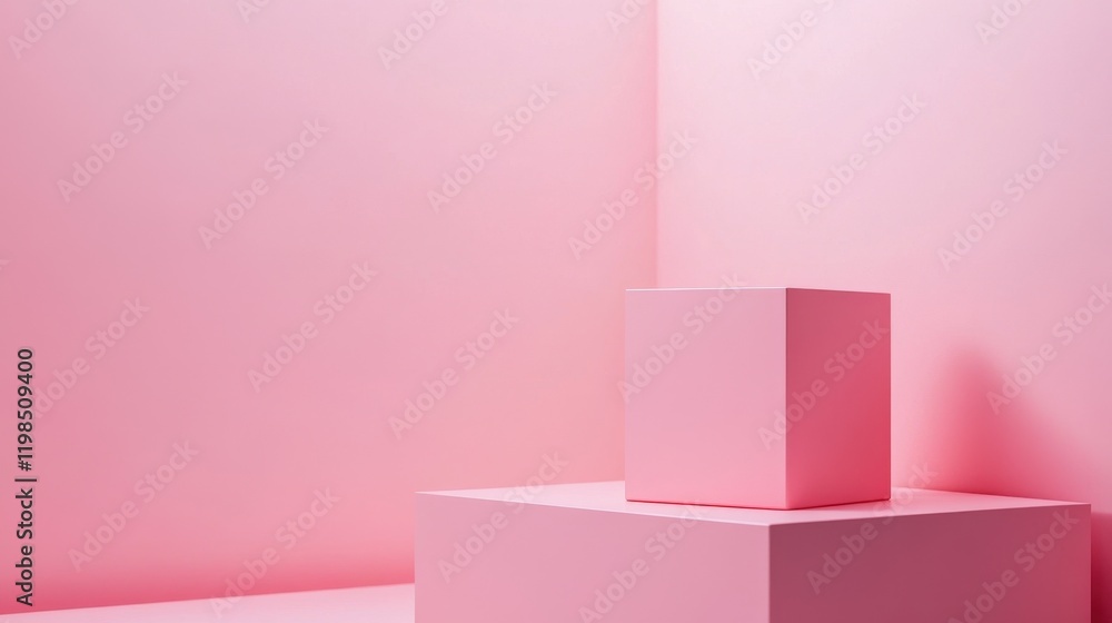 Poster minimalist pink geometric composition with cubes and soft shadows, ideal for product display or mock