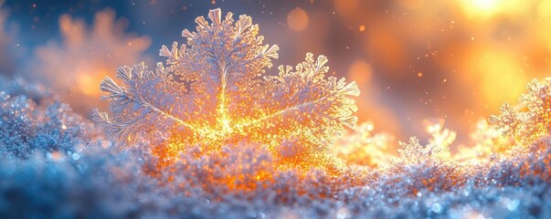 Dust pollution idea. Beautiful close-up of a sparkling snowflake with radiant light and colorful backdrop.