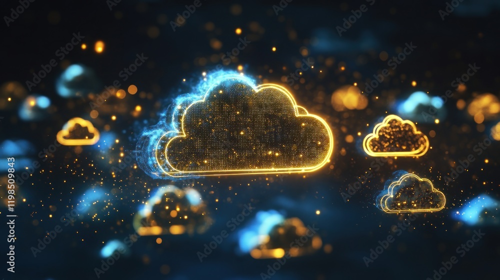 Poster glowing cloud computing network: digital transformation and data storage