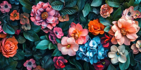 A vibrant floral pattern with colorful blossoms and greenery for wallpapers.