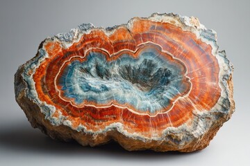 A stunning cross-section of petrified wood reveals vibrant orange, blue, and grey concentric rings, showcasing nature's artistry.