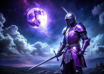 Naklejka premium Night photography captures a majestic knight in purple armor, his sword gleaming, a dark fantasy epic.