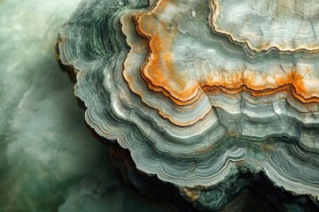 Obraz premium Layered rock formation with swirling patterns of gray, green, and orange hues.
