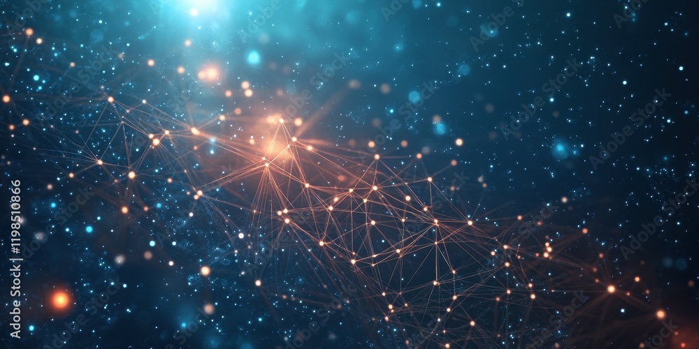 Poster abstract digital network connection with glowing nodes and lines on a dark blue background.