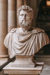 A marble bust of a Roman emperor, placed on a stone pedestal
