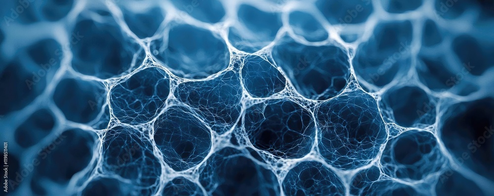 Poster dust pollution idea. close-up view of intricate cellular structures in a vibrant blue hue.