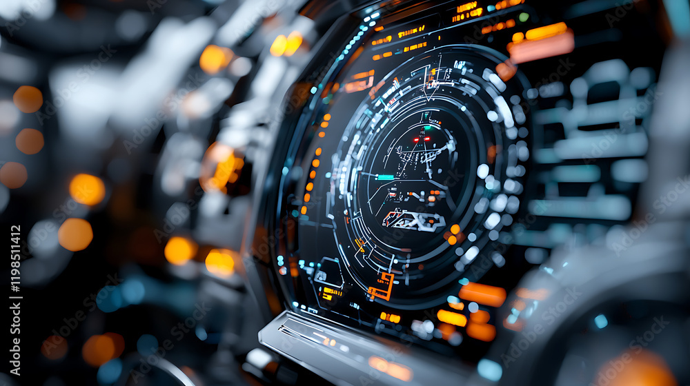 Poster futuristic control panel interaction spacecraft cockpit digital display high-tech environment close-