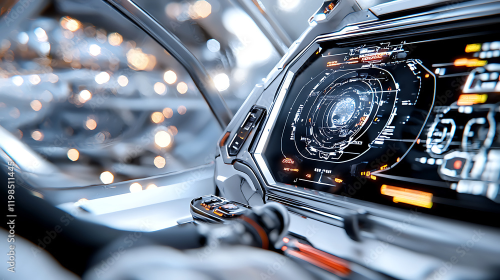 Poster futuristic space command center outer space digital interface advanced technology close-up sci-fi ex