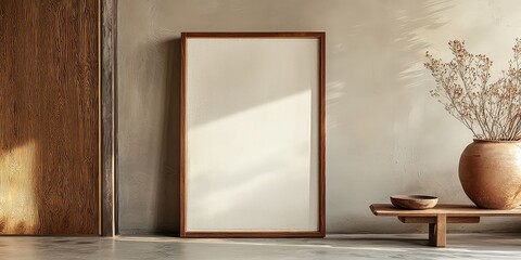 A large wooden frame leaning against a wall, showcasing a minimalist art piece.