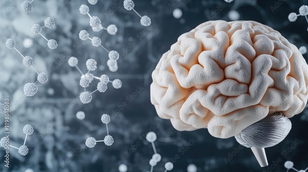 Poster Dust pollution concept. A detailed 3D rendering of a human brain surrounded by molecules and data patterns.