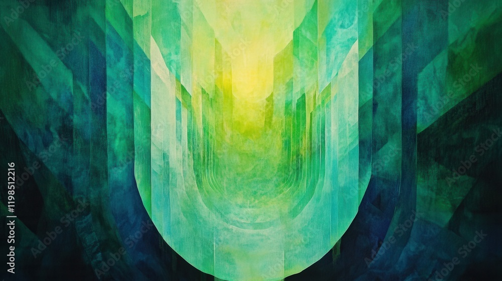Poster abstract emerald and chartreuse geometric painting with textured canvas detail