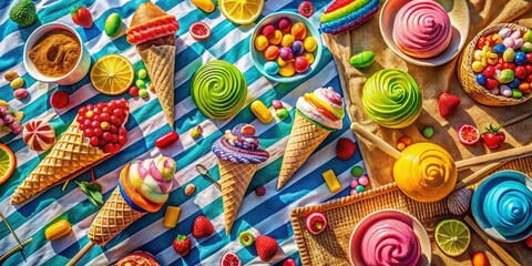 Summer's sweetest treats: a bird's-eye view of ice cream and lollipops, pure summertime fun.