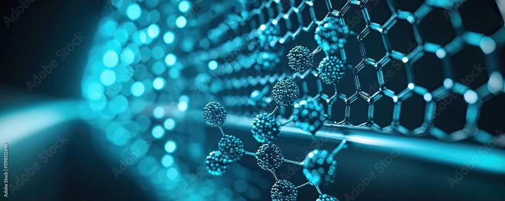 Poster Dust pollution concept. Close-up view of molecular structures in a digital hexagonal network on a dark background.