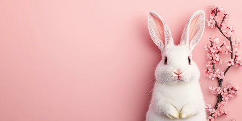 Obraz premium White rabbit surrounded by pink flowers on a soft pink background in a whimsical scene 100 chars