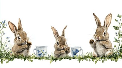 Fototapeta premium Three rabbits enjoying coffee cups sitting together on green grass in a sunny outdoor setting