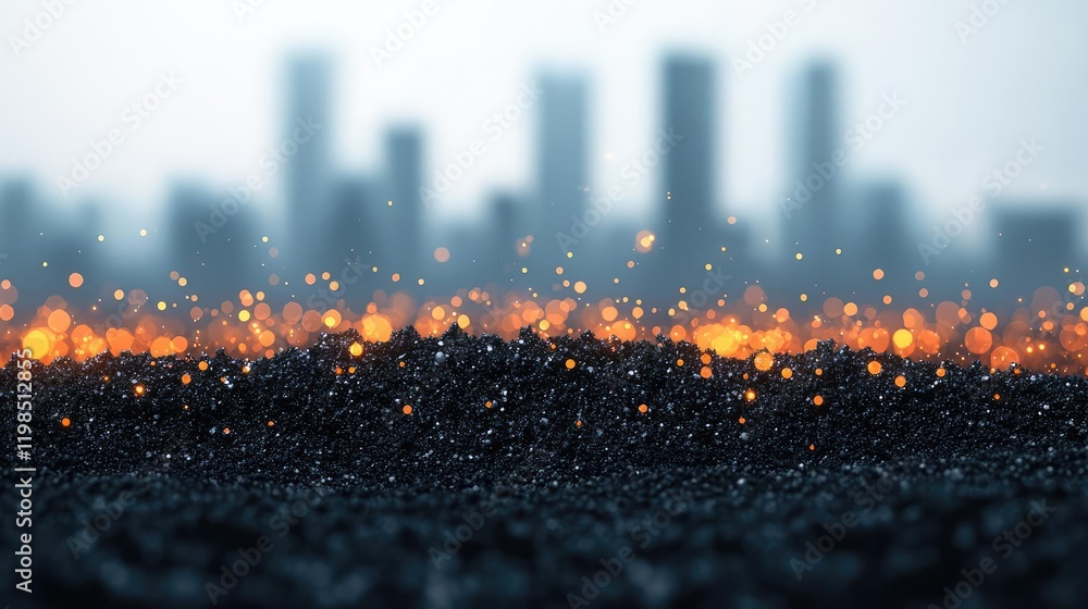 Poster dust pollution idea. abstract cityscape with glowing lights and blurred buildings in the background.