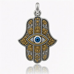 Pendant with the image of the eye on a white background. Jewish protection hamsa