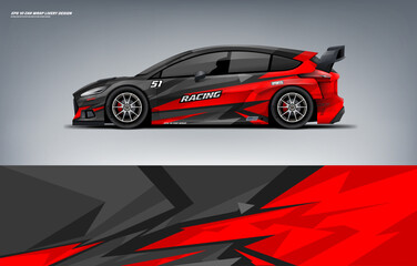 Racing Car hatchback branding mockup with racing wrap decal or livery design, Abstract racing graphics black red with backround. Editable vector template