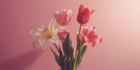 A mix of romantic flowers like tulips and lilies in a vase against a soft pink background. © HO