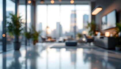 Obraz premium Blurred Cityscape View from Modern Office Lounge