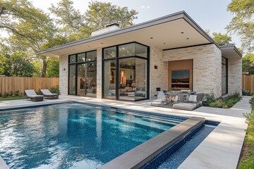 Fototapeta premium Modern small pool in the backyard of a single-story open-concept home with large windows, light stone walls, and outdoor furniture.