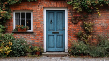 Charming blue door of a rustic brick house adorned with vibrant flowers and greenery