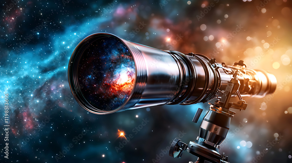 Poster astronomical observations exploring the cosmos through a telescope in outer space futuristic viewpoi