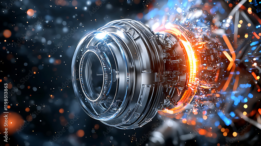 Poster futuristic engine mechanism digital space 3d visualization sci-fi environment close-up perspective a
