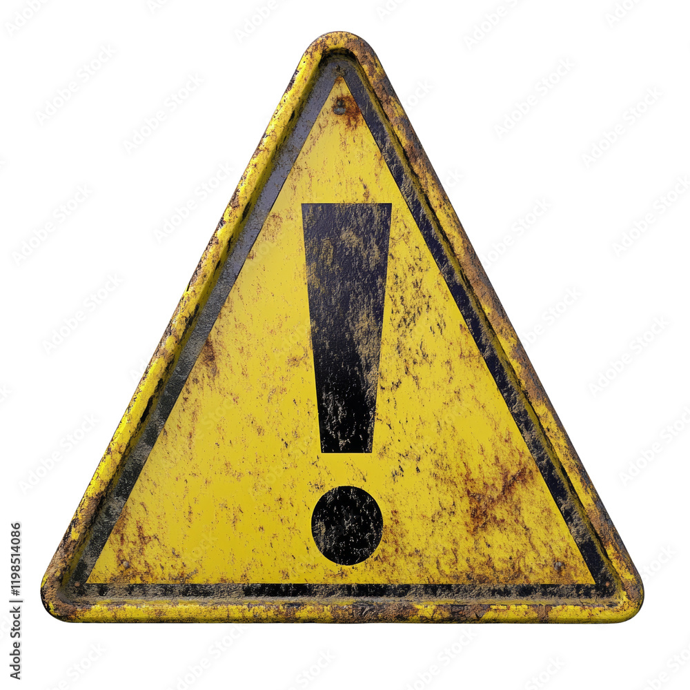 Poster A weathered yellow triangular warning sign with a black exclamation mark, showing age and rust.