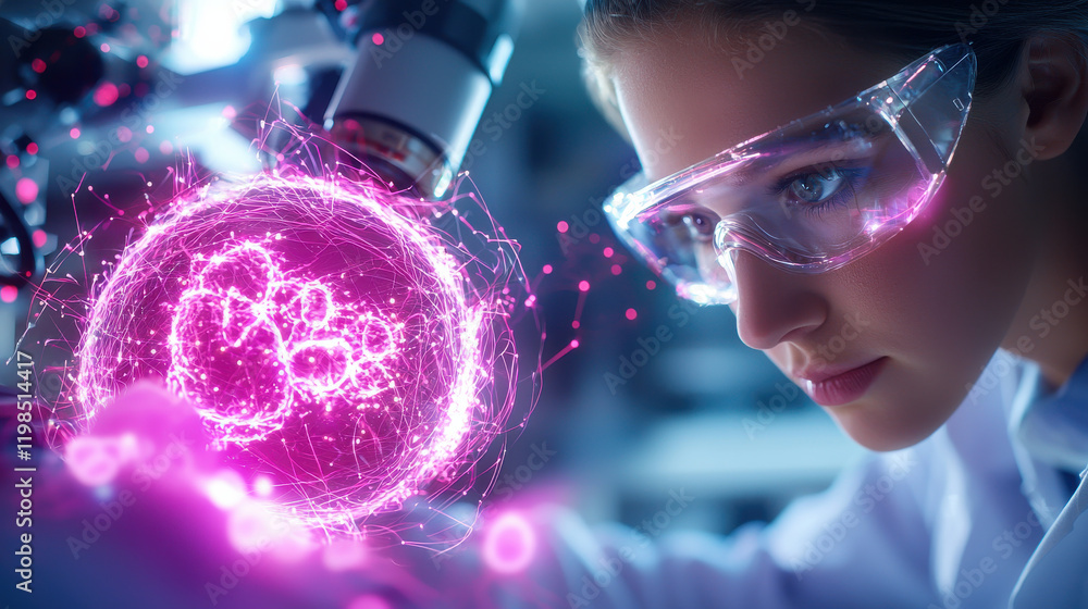 Poster biotechnology researcher examines glowing cell structure under microscope, showcasing advanced scien