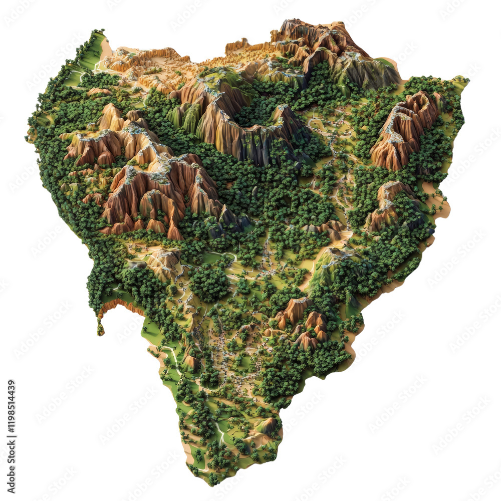 Poster a three dimensional model depicting a lush island with mountainous terrain, dense forests, and diver