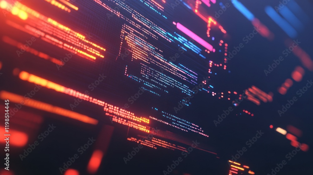 Poster abstract digital code stream: neon hues and data flow