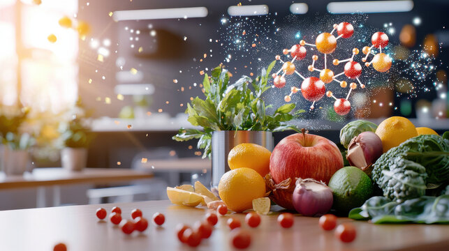 Fresh fruits and vegetables arranged on table with digital overlay of molecular structures, symbolizing nutrition and health benefits