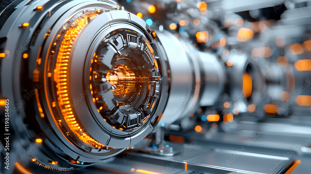 Poster futuristic mechanism close-up high-tech lab digital art sci-fi environment macro view innovation con