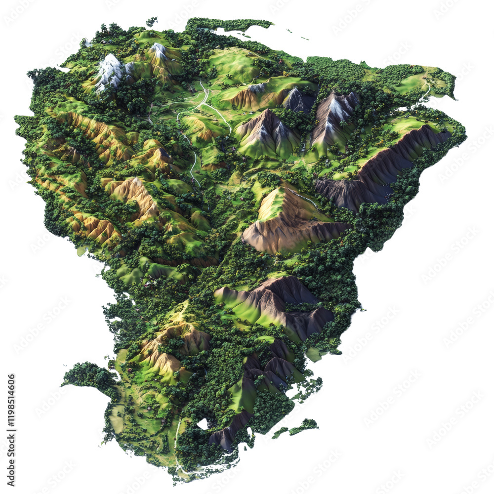 Poster a three dimensional rendering depicts a verdant island landscape with diverse mountain ranges and lu