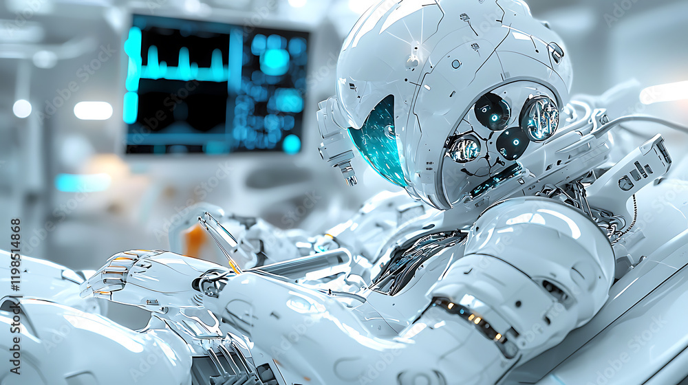Poster exploring advanced robotics in space laboratory digital art futuristic environment close-up view tec
